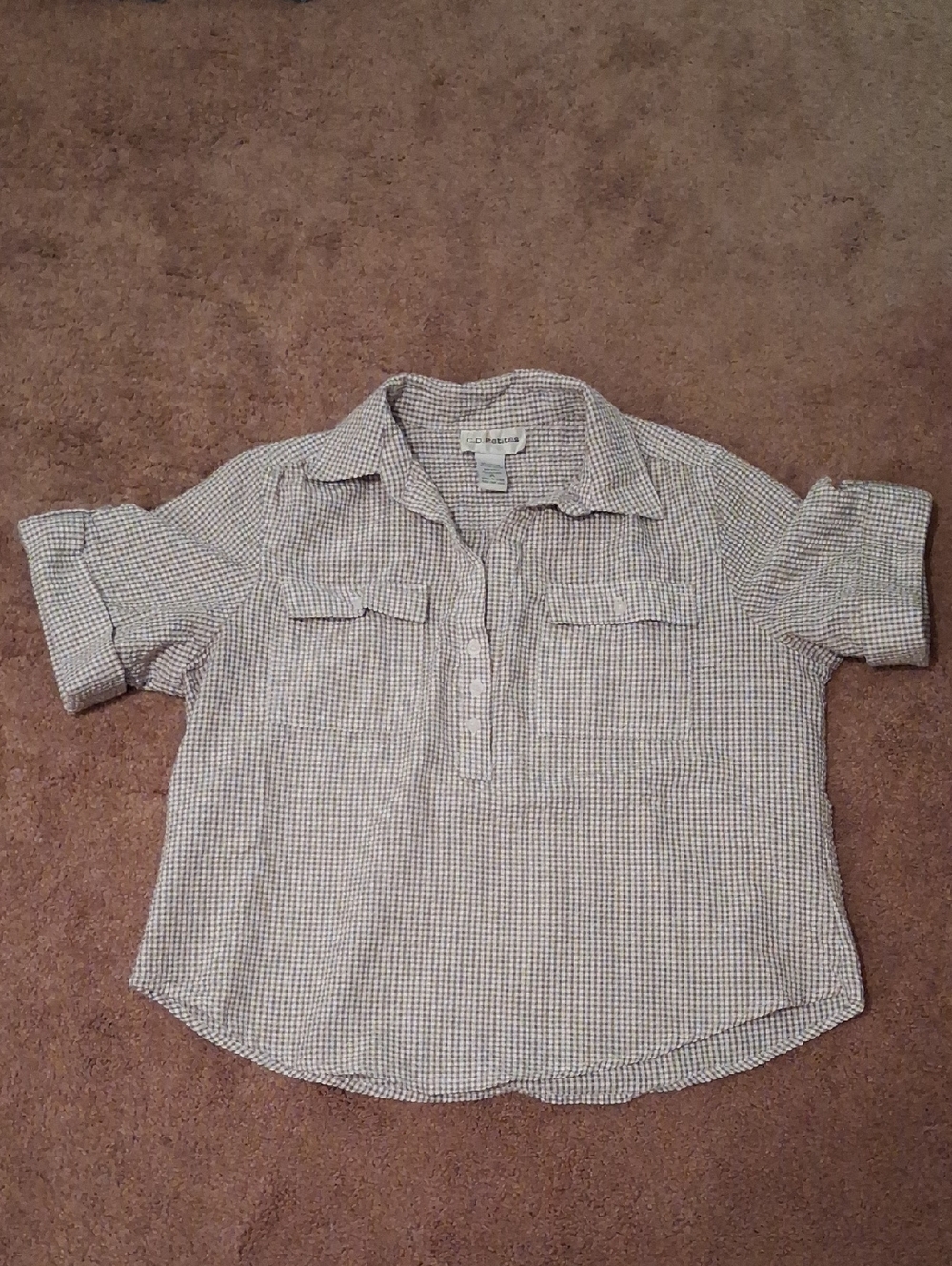 Light Beige Plaid Button-Placket Popover Blouse